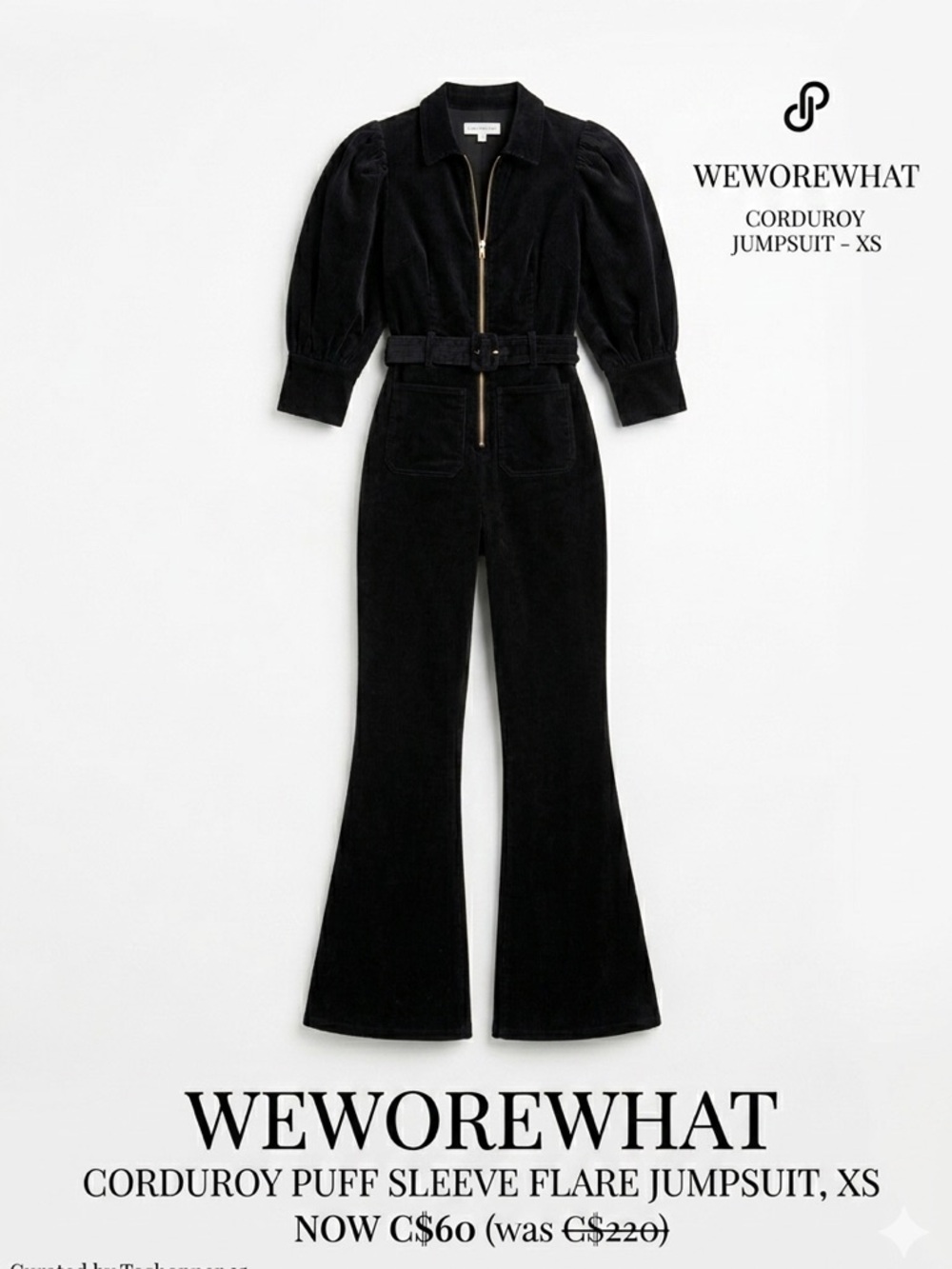 WeWoreWhat Corduroy Puff Sleeve Flare Jumpsuit | Black | XS